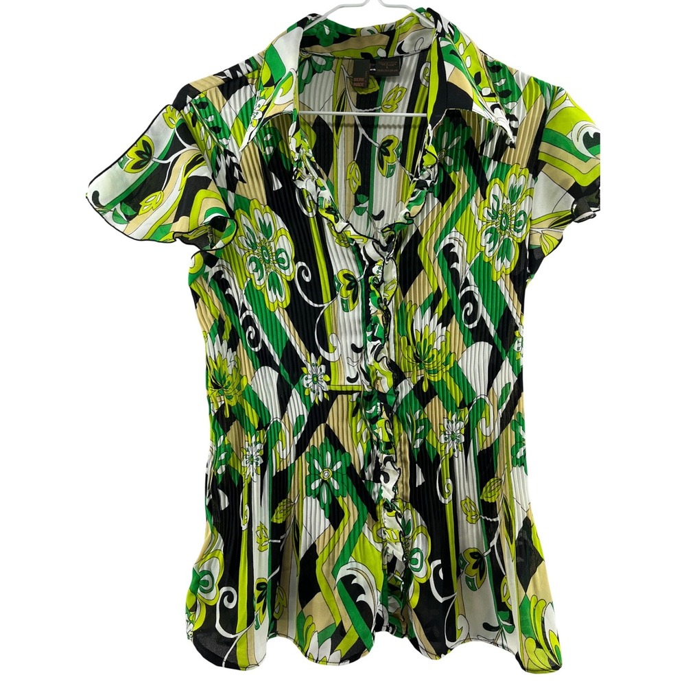 Serenade New York Green Psychedelic Floral Plisse Pleated Button Up Blouse Large
